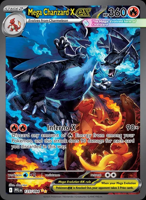 Mega Charizard X ex SIR 125/094 (Phantasmal Flames) y Mega Charizard Y ex (Ascended Heroes)
