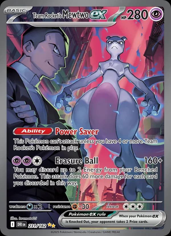 Mewtwo ex del Team Rocket SIR: 231/182 Destined Rivals y 281/217 Ascended Heroes