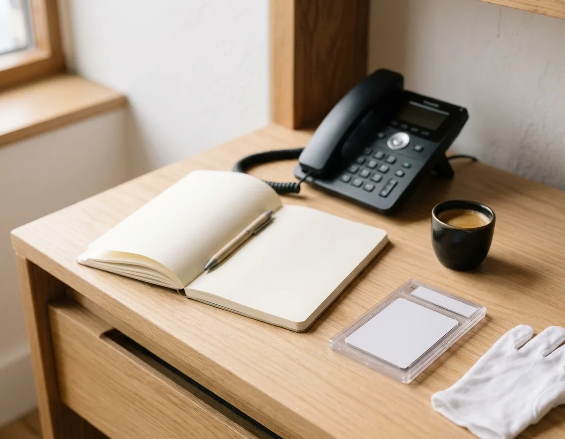 An open notebook, a phone and an espresso cup on the oak desk, with a sealed slab to the side