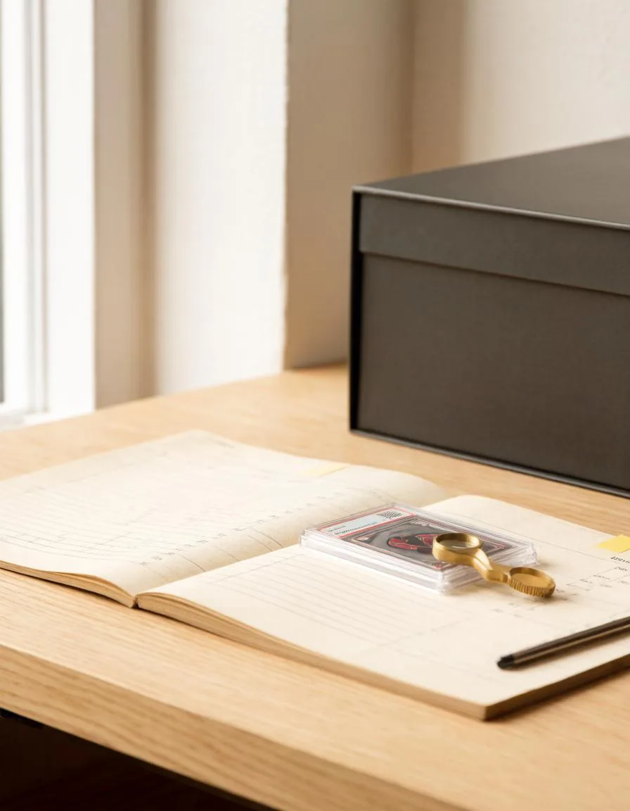 Een verzegelde slab op een open register, met loep en pen